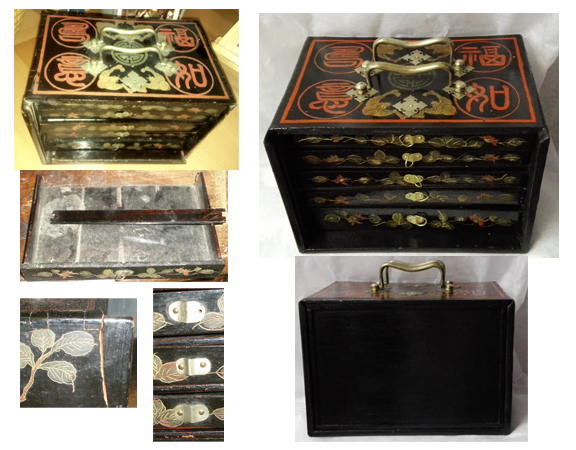 Caja de madera lacada en negro de un juego de Mahjong