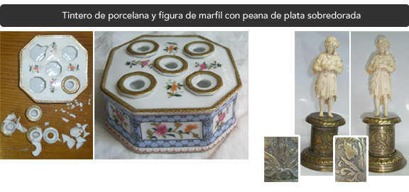 Tintero de porcelana y figura de marfil con peana de plata sobredorada